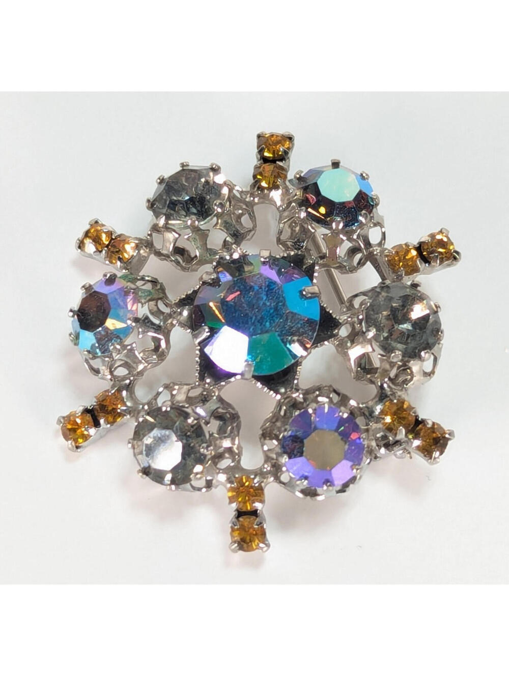 VTG STAR Austria Brooch Signed AB, Clear & Topaz Rhinestones Starburst Snowflake